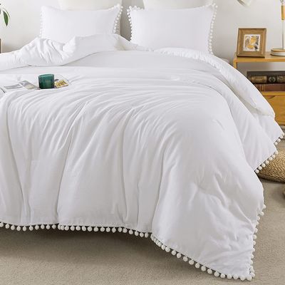 130 * 70 Densité du tissu Blanc Pom Pom Frange Couverture de couette et coussinet Ensemble 3 pièces