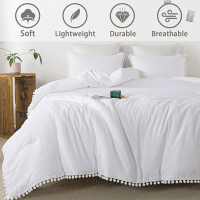 130 * 70 Densité du tissu Blanc Pom Pom Frange Couverture de couette et coussinet Ensemble 3 pièces