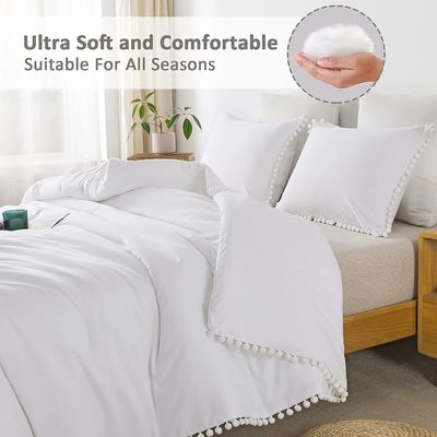 130 * 70 Densité du tissu Blanc Pom Pom Frange Couverture de couette et coussinet Ensemble 3 pièces
